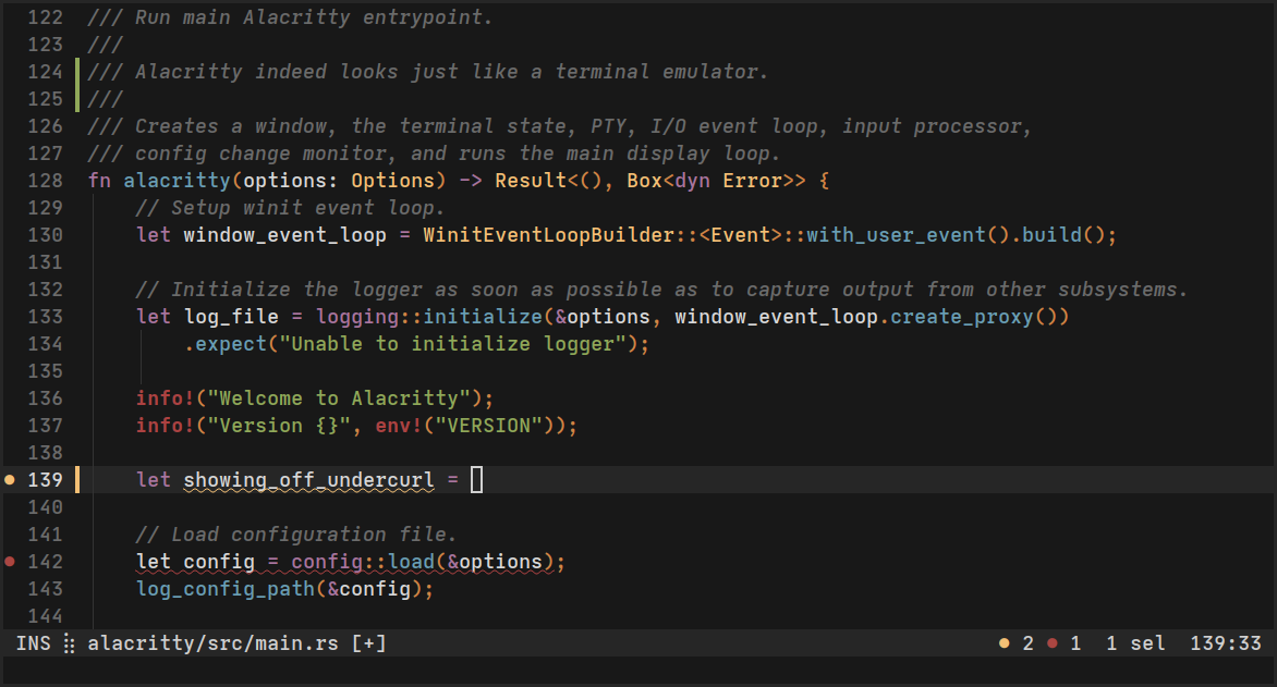 Alacritty terminal tối giản trên Wayland với font JetBrains Mono, không tab bar, không scrollback UI