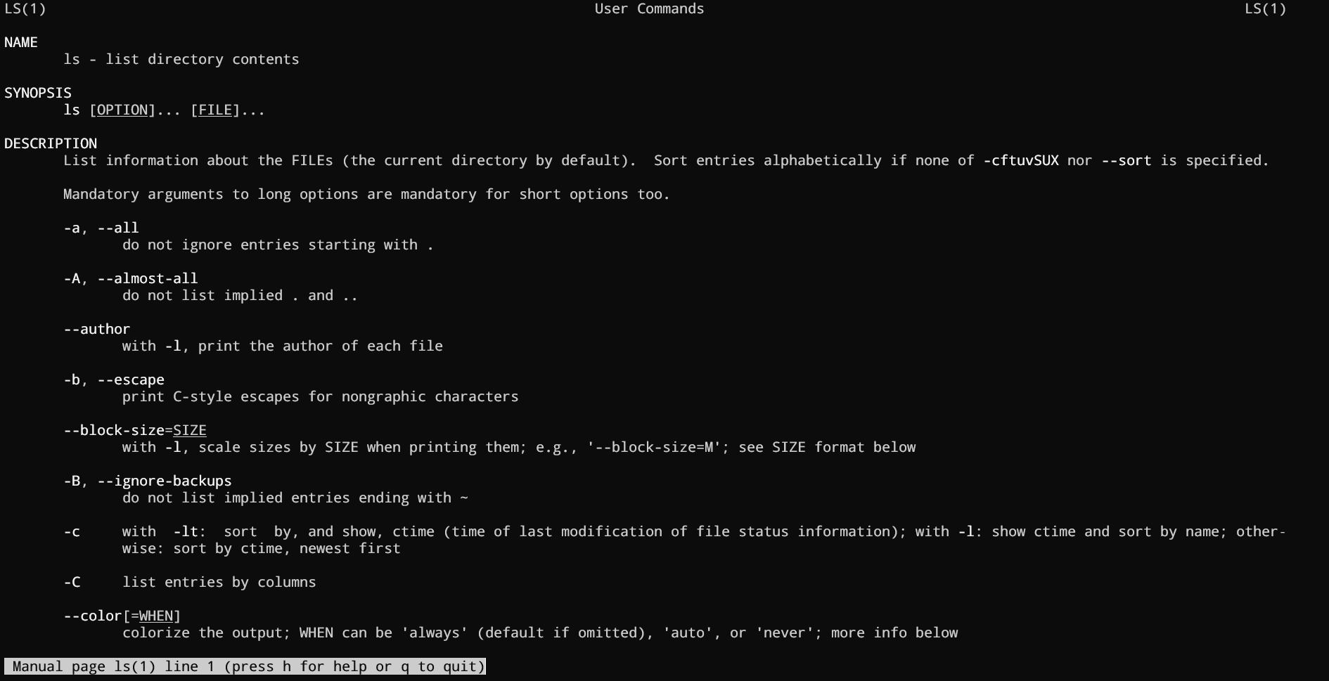 Cửa sổ terminal Linux hiển thị trang hướng dẫn lệnh ls trong bash