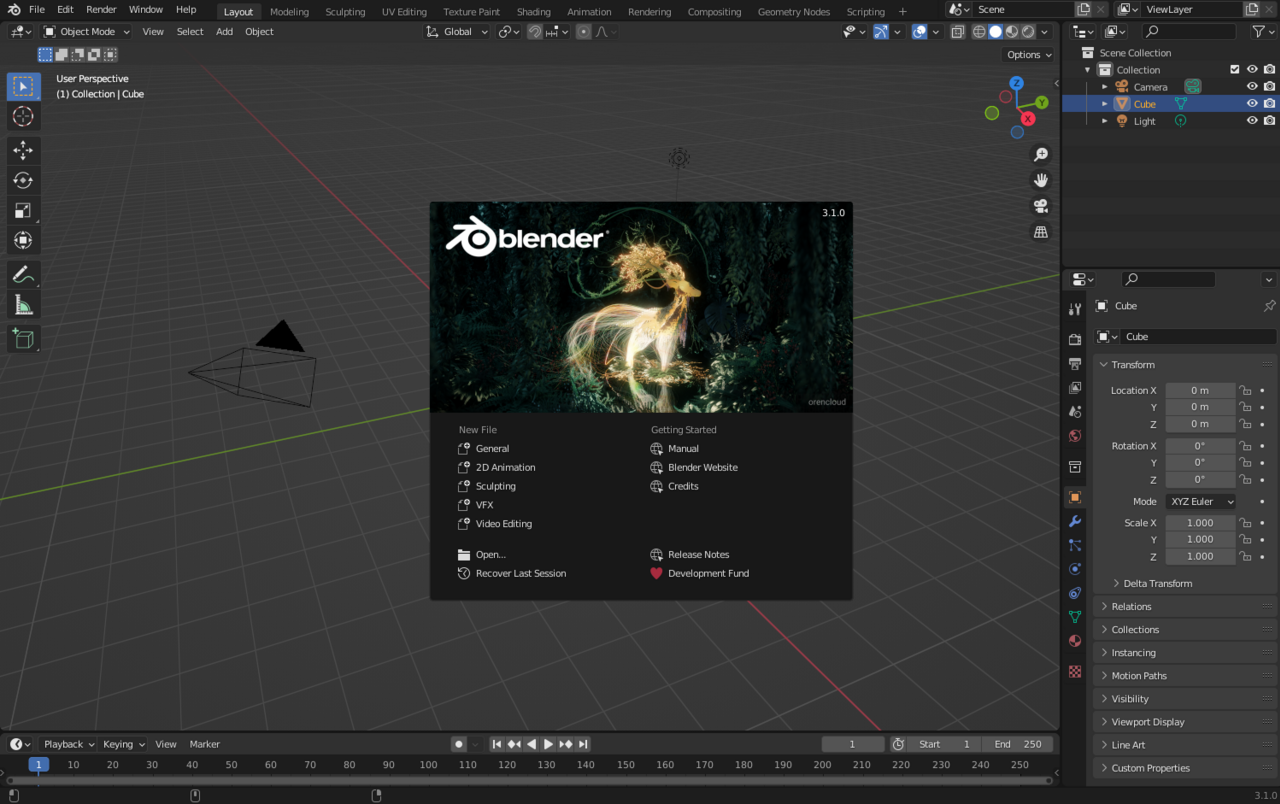Màn hình khởi động Blender 3.1 với viewport 3D và khối lập phương mặc định
