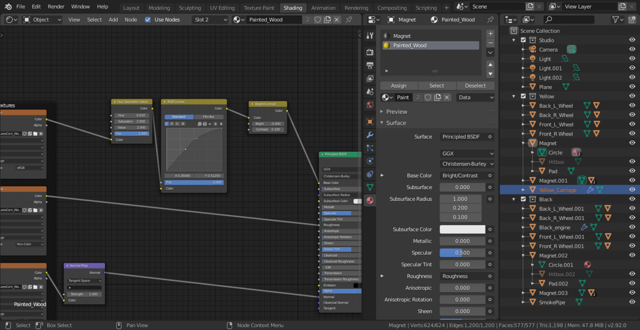 Giao diện Blender shader editor với các node kết nối Principled BSDF