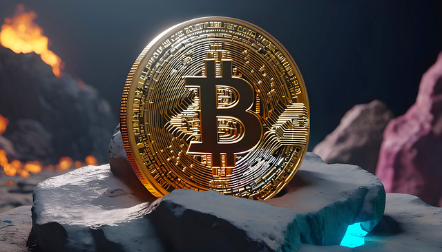 Đồng Bitcoin mang logo và nền làm bằng mạnh in 3D