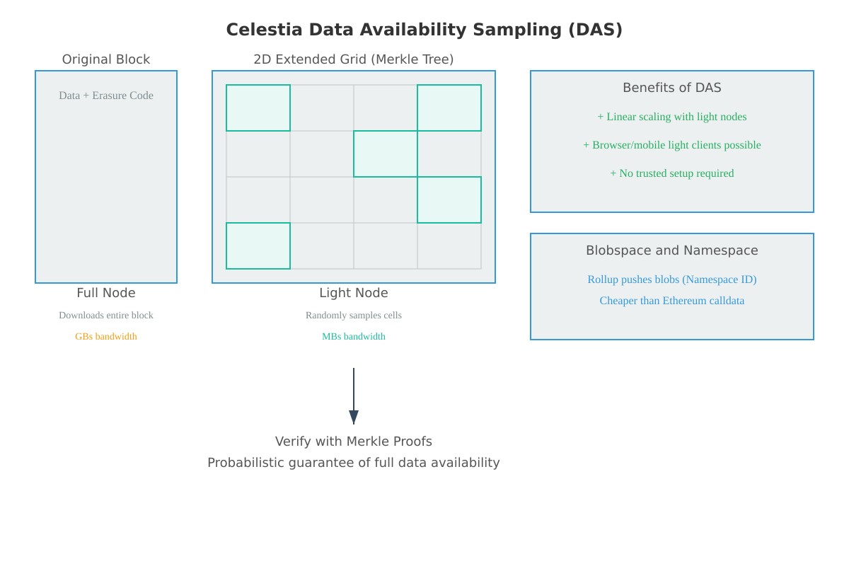 Biểu đồ mô hình lấy mẫu dữ liệu có sẵn 2D của Celestia với các nút nhẹ và Merkle tree