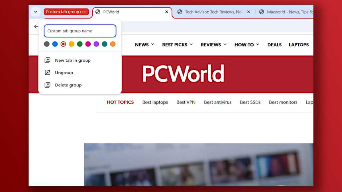 Giao diện Chrome với tính năng Tab Groups, menu đặt tên và chọn màu cho nhóm tab