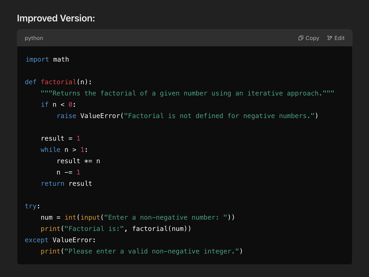 Mã Python hàm factorial sạch với docstring và xử lý lỗi trong trình soạn thảo tối màu