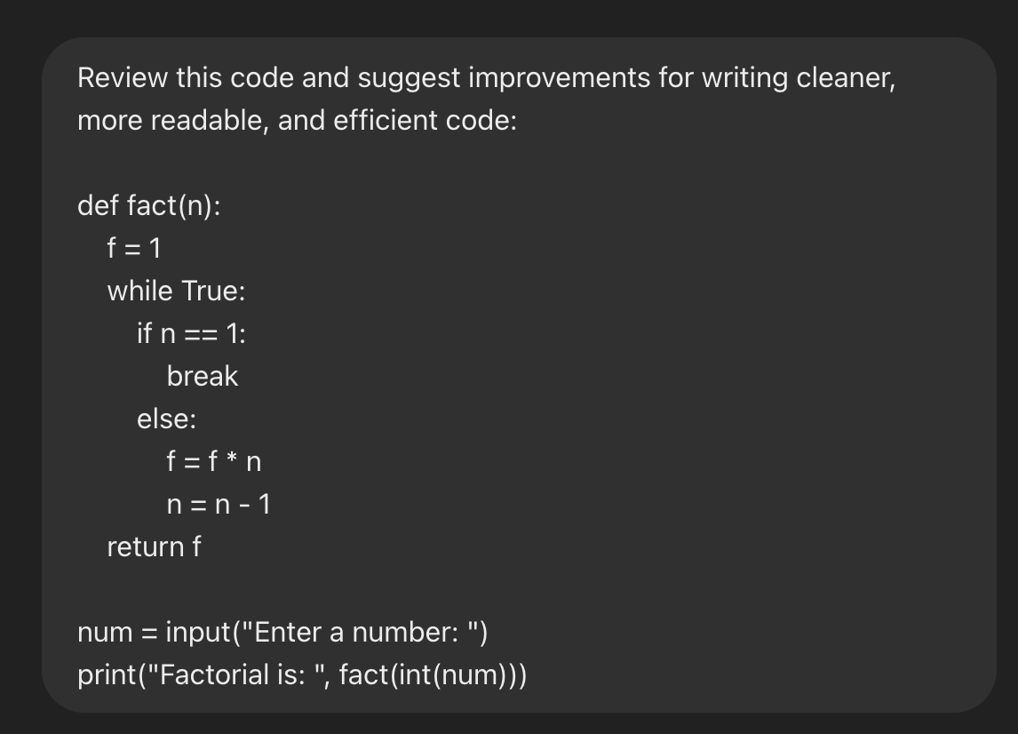 Đoạn mã Python hàm factorial cần được review và cải thiện để viết code sạch hơn