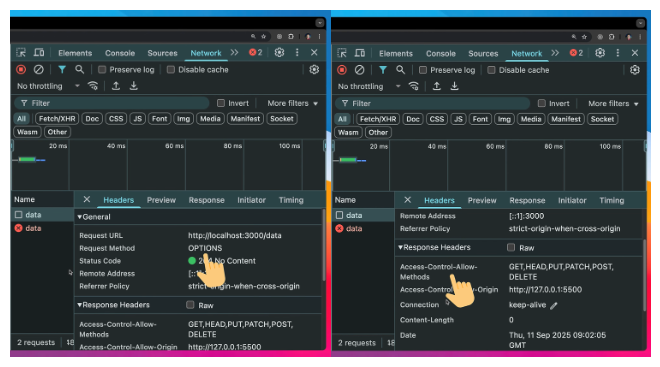 Bảng DevTools Network hiển thị request OPTIONS preflight với header CORS