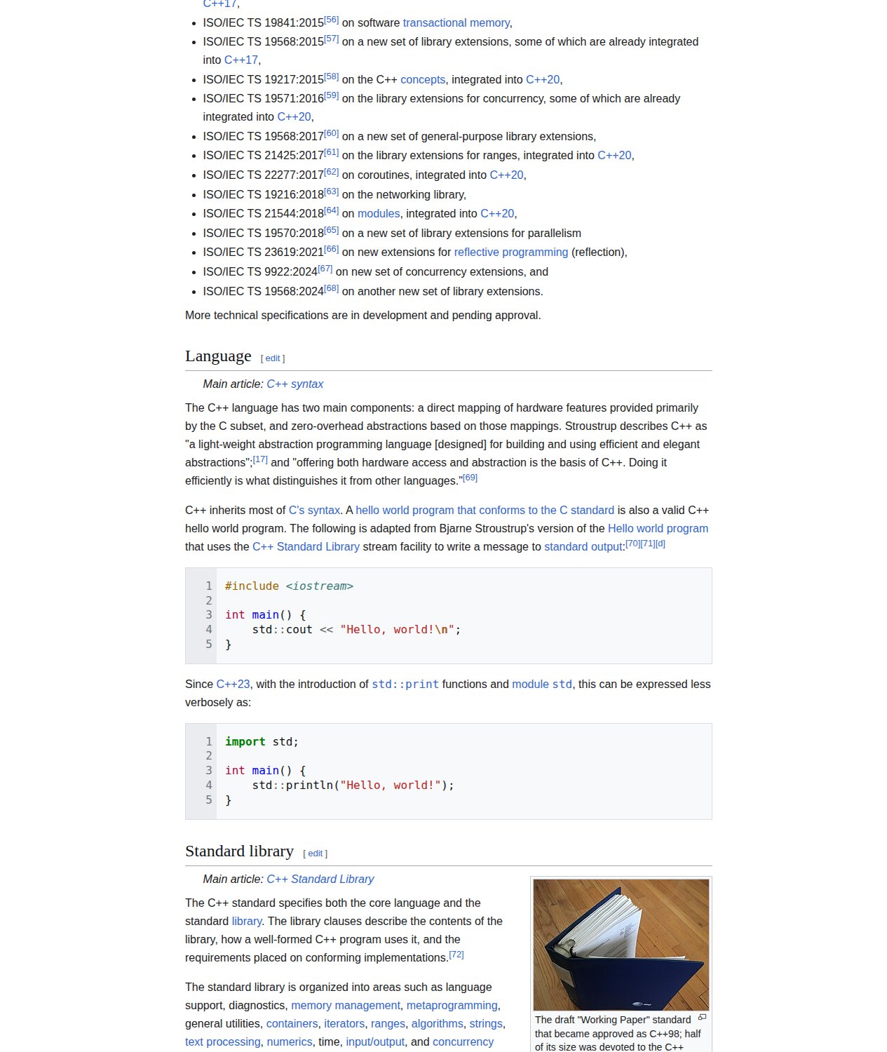 Trang Wikipedia C++ hiển thị ví dụ code Hello world với cú pháp được tô màu