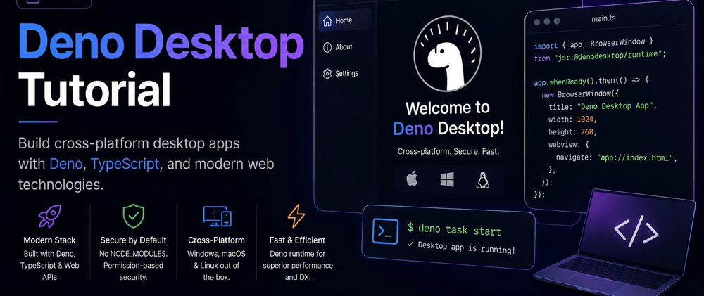 Màn hình ứng dụng Deno Desktop với code TypeScript và terminal chạy lệnh deno task start