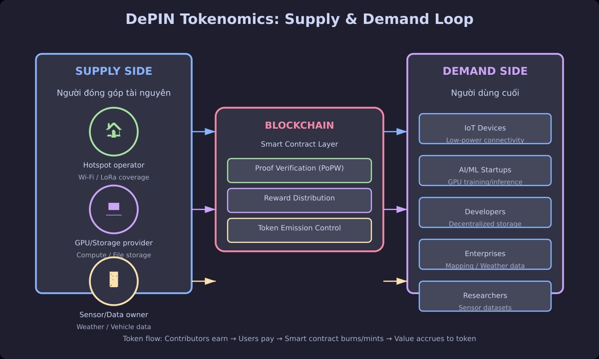 Tokenomics DePIN: vòng lưu chất lượng supply-side đóng góp và demand-side sử dụng