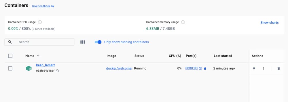 Docker Desktop hiển thị container đang chạy cùng thông tin CPU và cổng