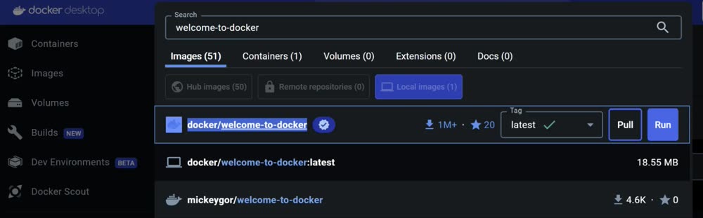 Giao diện Docker Desktop tìm kiếm image trên Docker Hub