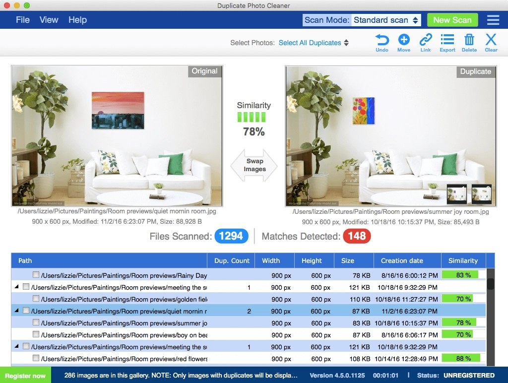 Giao diện phần mềm Duplicate Photo Cleaner so sánh hai ảnh trùng