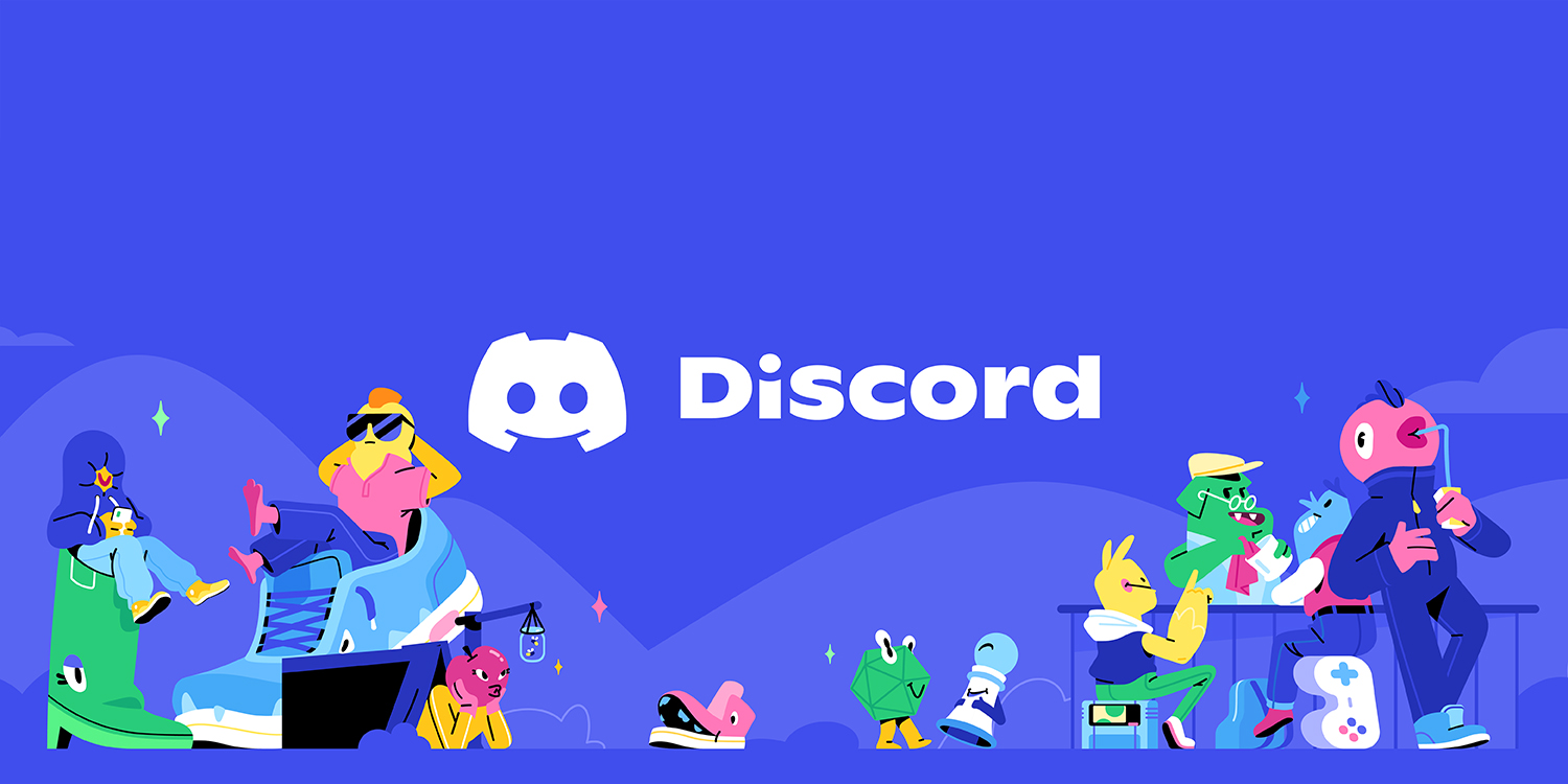 Banner Discord với logo Clyde và các nhân vật hoạt hình đại diện cộng đồng người dùng