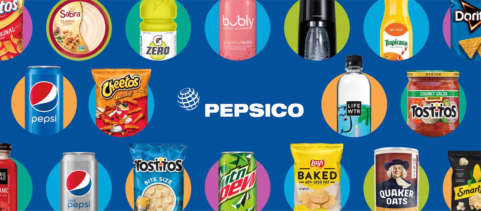 Các sản phẩm PepsiCo xếp trong vòng tròn màu minh họa case study công ty dùng Elixir
