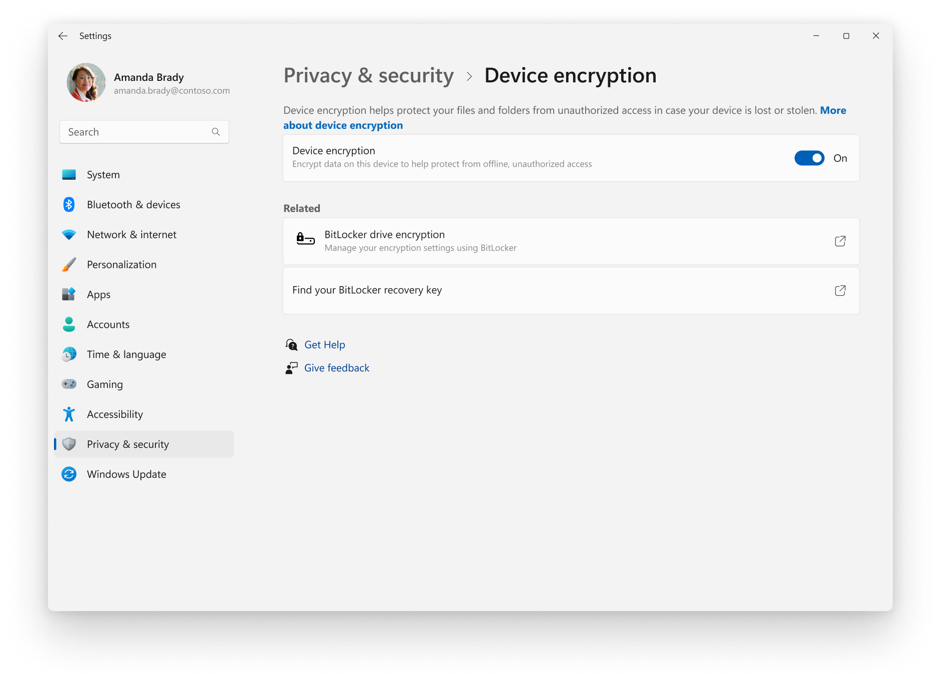 Giao diện Settings Device Encryption trên Windows 11 với nút bật mã hóa thiết bị