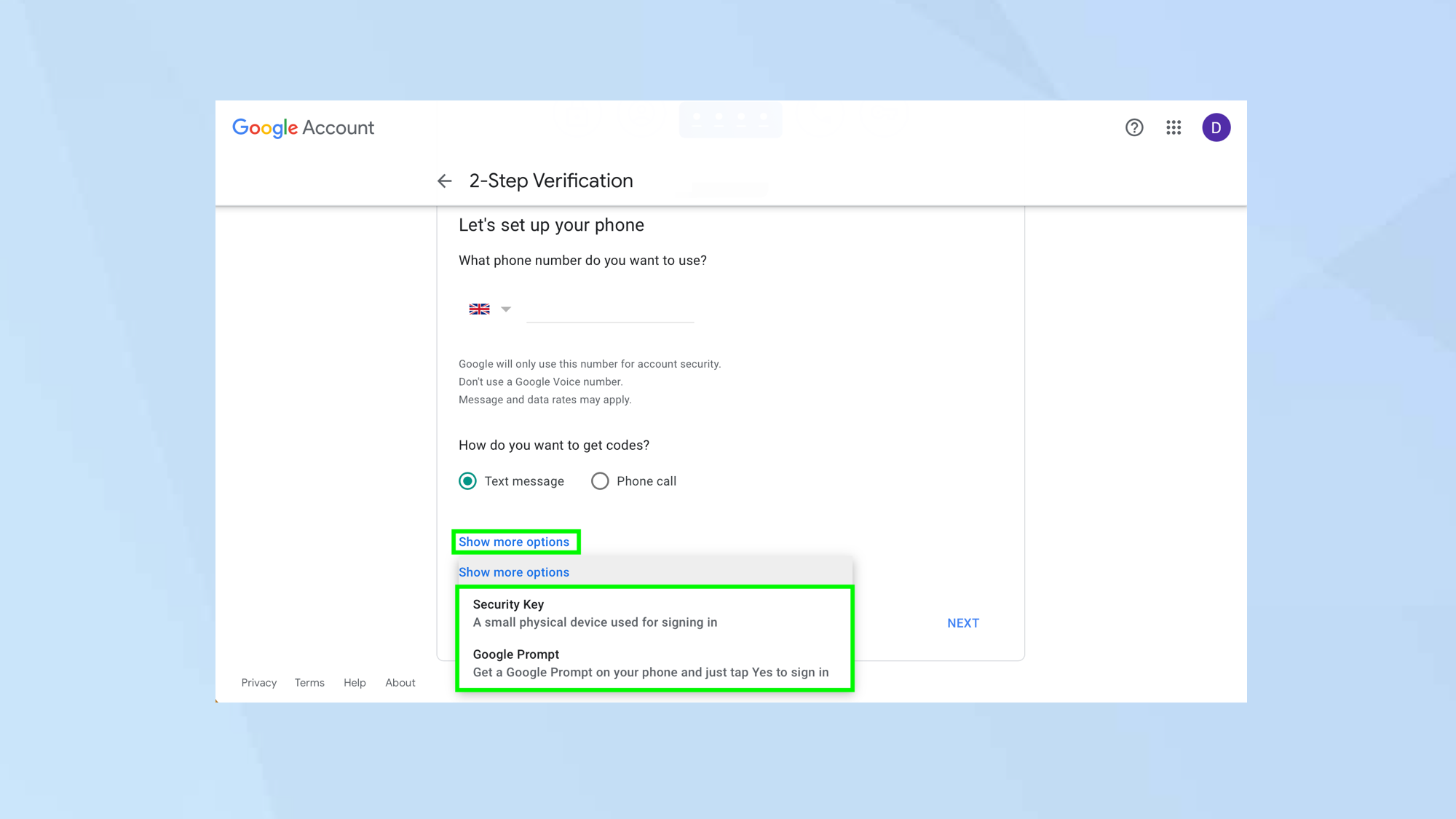 Màn hình cài đặt xác thực hai lớp Google Account với bước nhập số điện thoại