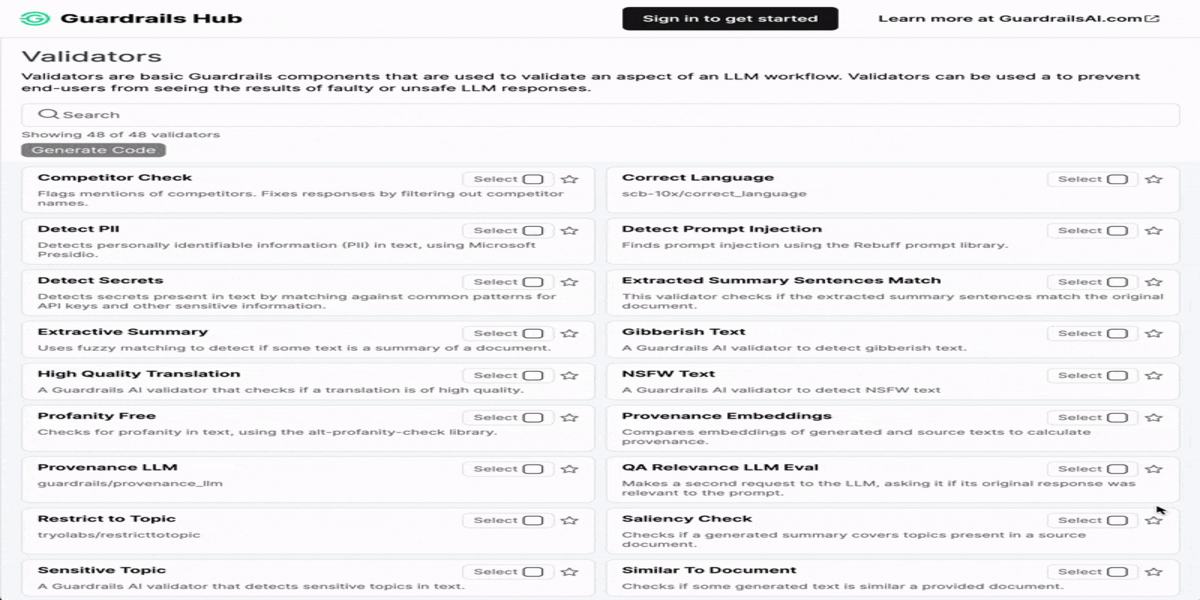 Giao diện Guardrails Hub hiển thị danh mục các validators: Detect PII, Detect Secrets, NSFW Text, Profanity Free, Competitor Check, kèm thanh tìm kiếm và nút Generate Code