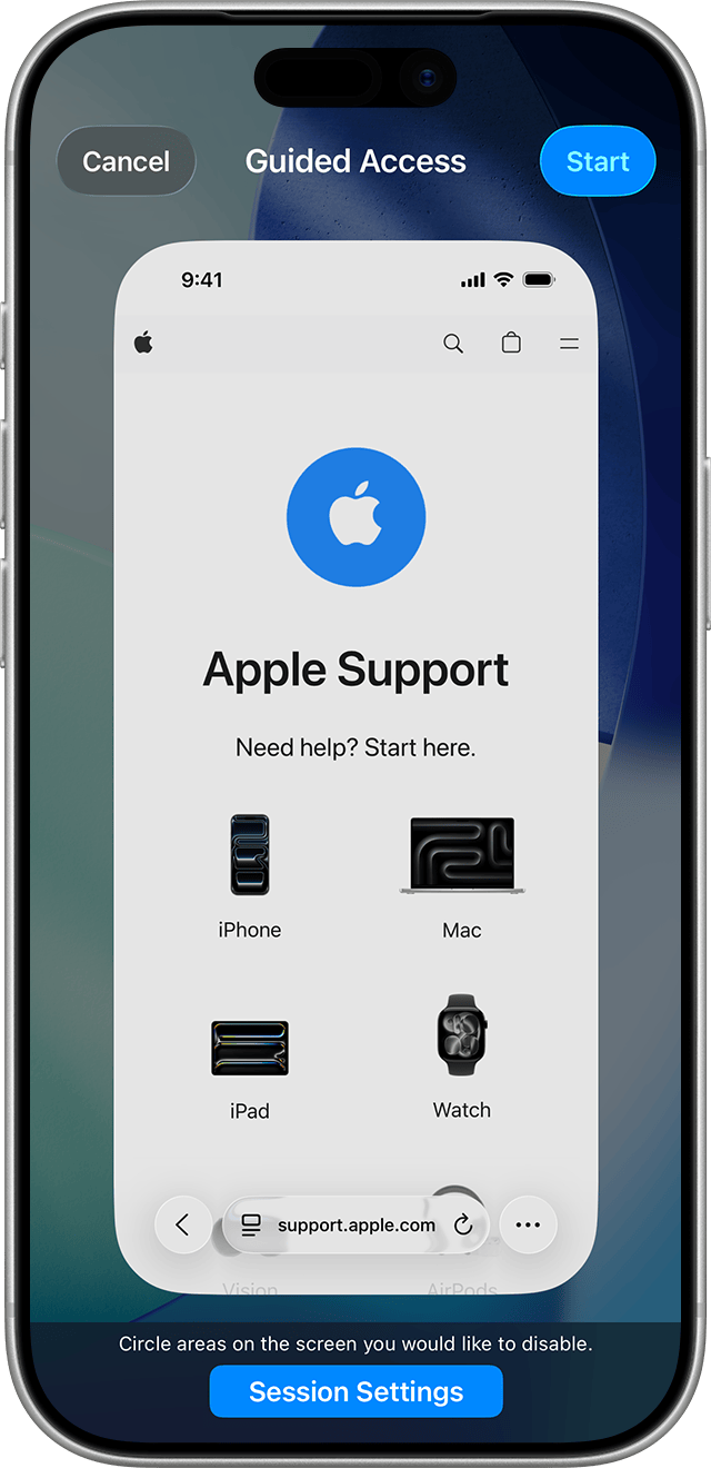 Màn hình Guided Access trước khi bắt đầu phiên làm việc trên iPadOS