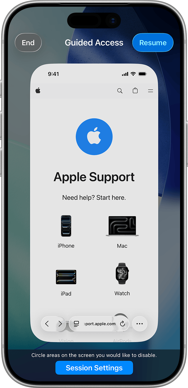 Màn hình Guided Access khi phiên được tạm dừng trên iPadOS