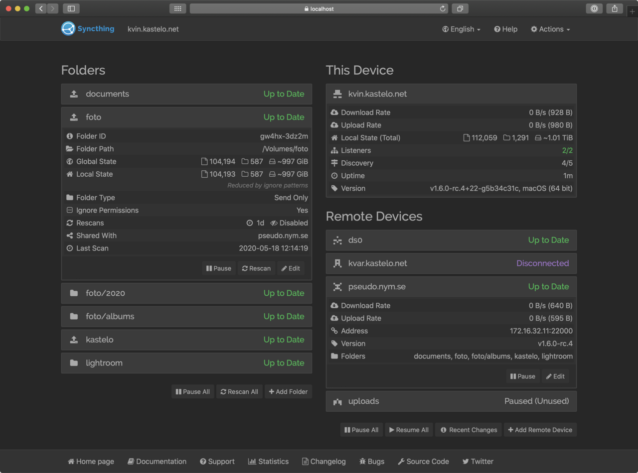 Giao diện Syncthing dark theme hiển thị thư mục đồng bộ