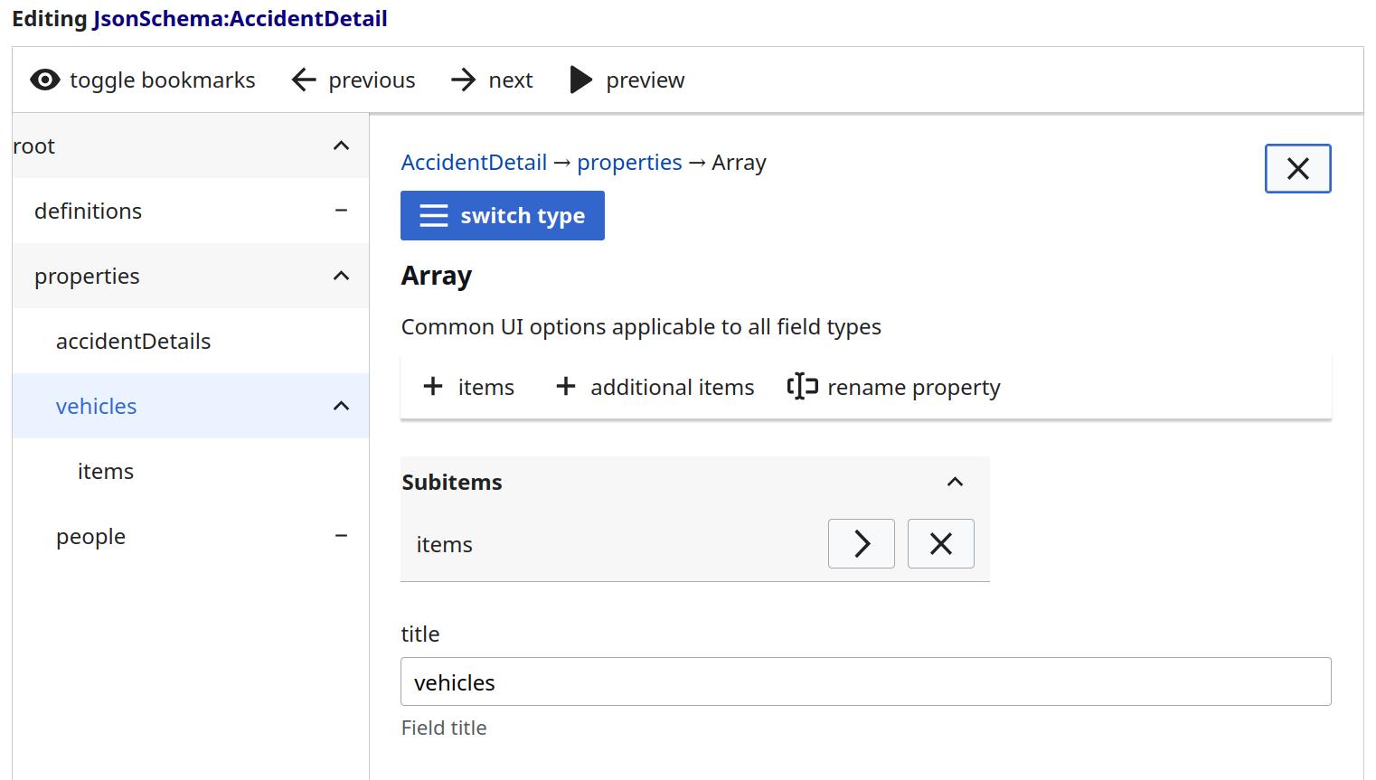 JSON Schema editor interface showing AccidentDetail property configuration