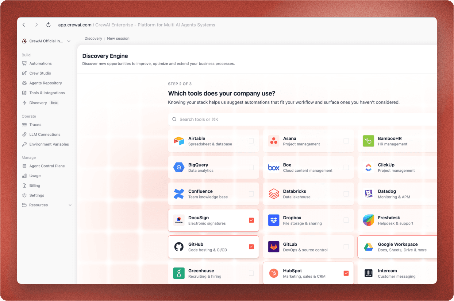 CrewAI Discovery screenshot hiển thị automation opportunities ranked by effort value readiness