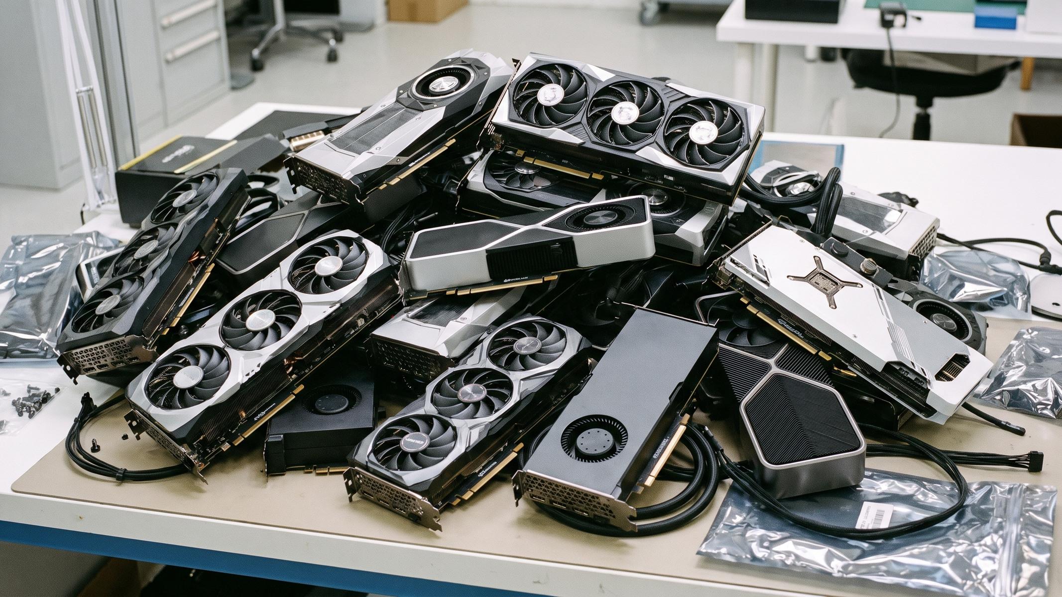 Chồng nhiều card đồ họa NVIDIA đặt trên bàn làm việc