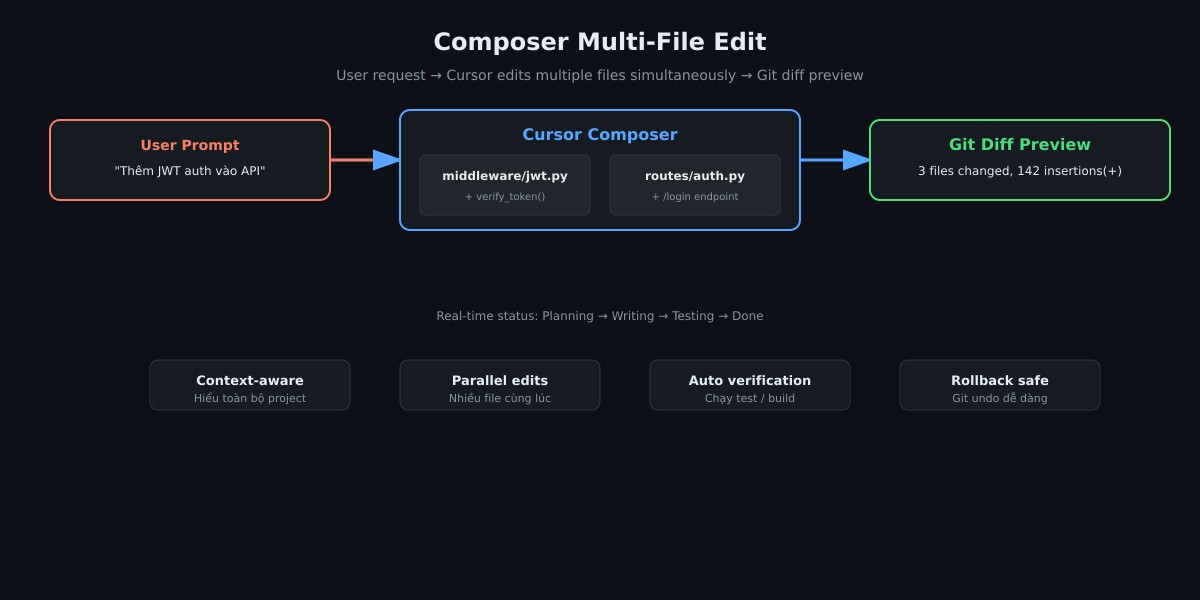 Cursor Composer thực hiện multi-file edit: User prompt thêm JWT auth, Composer chỉnh sửa middleware/jwt.py và routes/auth.py đồng thời, hiển thị Git diff preview 3 files changed