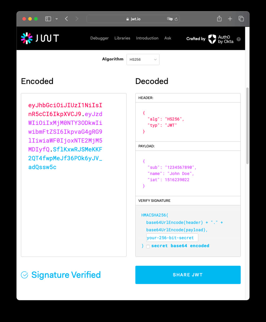 Giao diện trang jwt.io debugger với token JWT mẫu và phần xác minh chữ ký HMAC-SHA256
