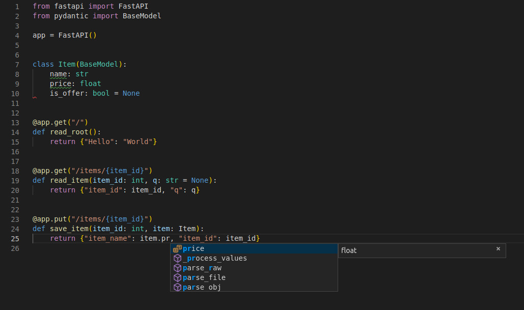 VS Code autocomplete hiển thị Pydantic models và type hints