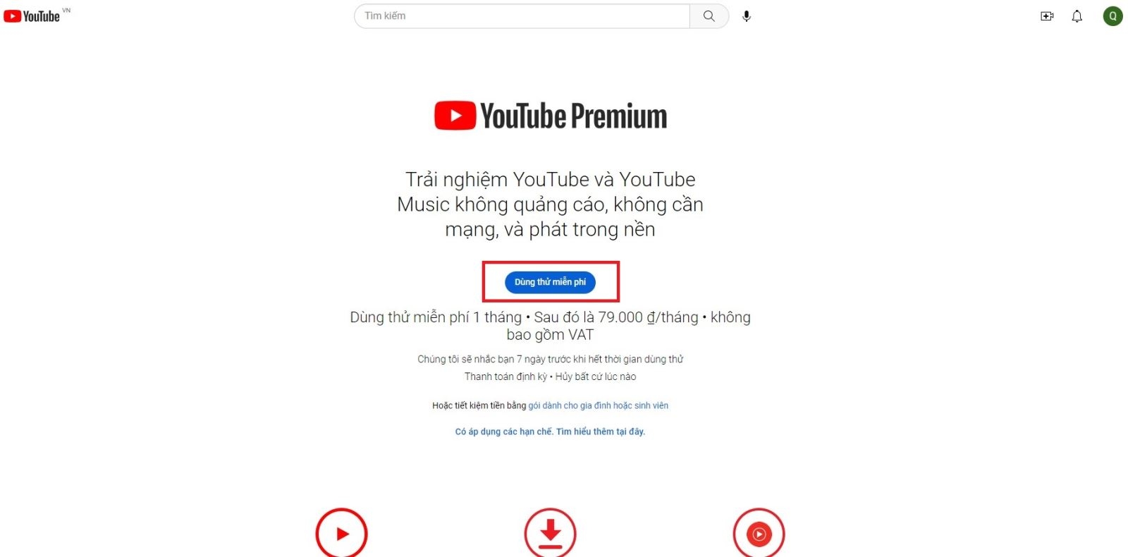 Trang đăng ký YouTube Premium tiếng Việt hiển thị giá 79.000 đồng mỗi tháng cho gói cá nhân