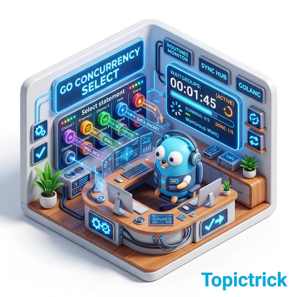 Sơ đồ Go concurrency minh họa select, WaitGroup, worker pool