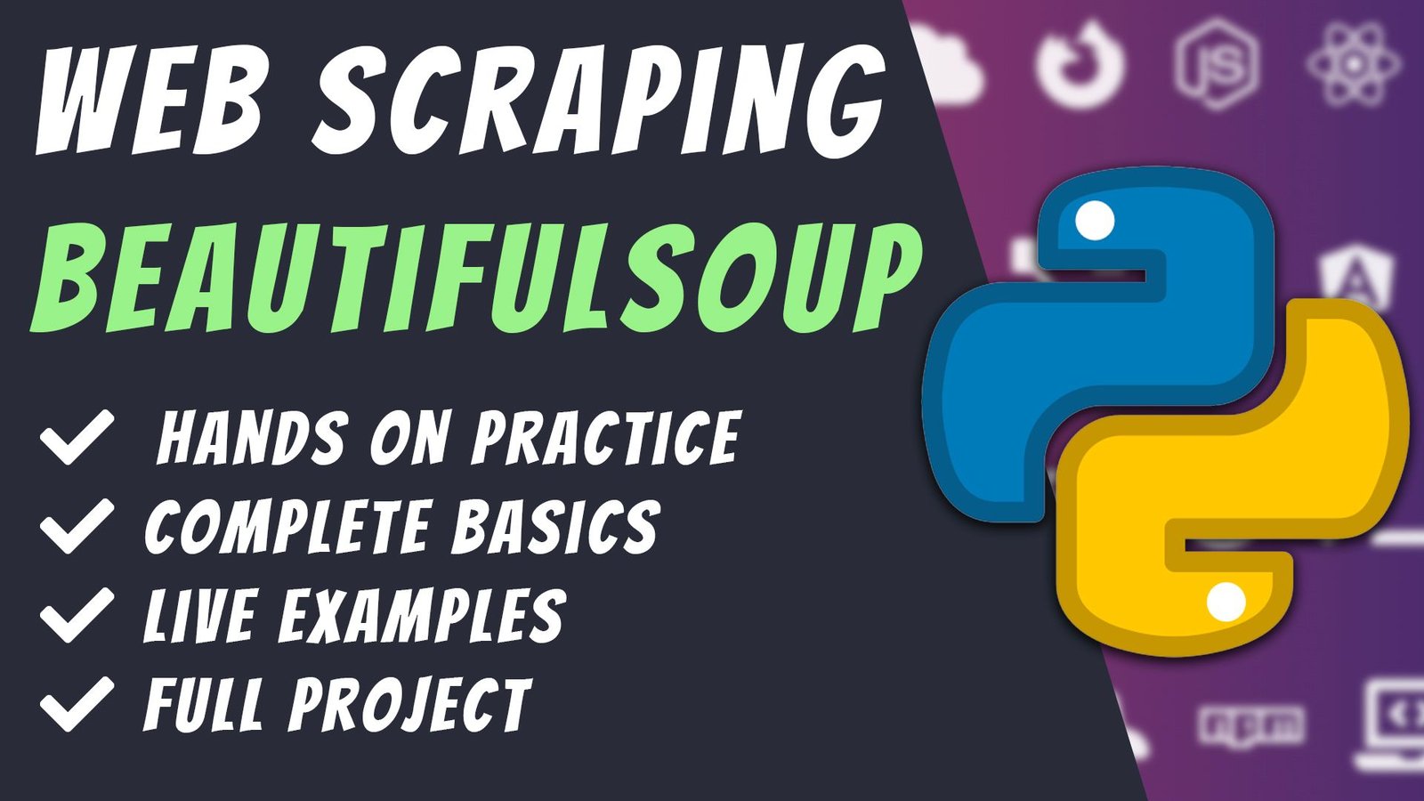 Bìa khóa học web scraping Python với BeautifulSoup trên nền tím xanh