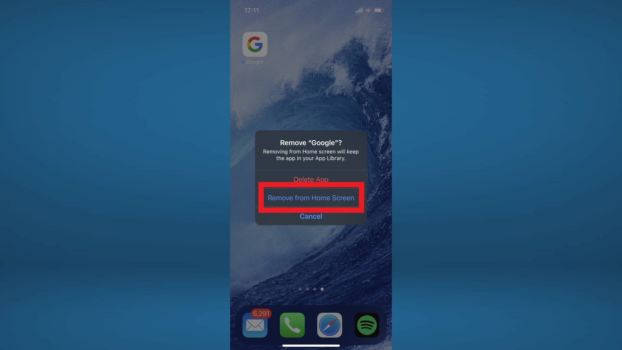 Hộp thoại xác nhận ẩn ứng dụng Google khỏi màn hình chính trên iPhone