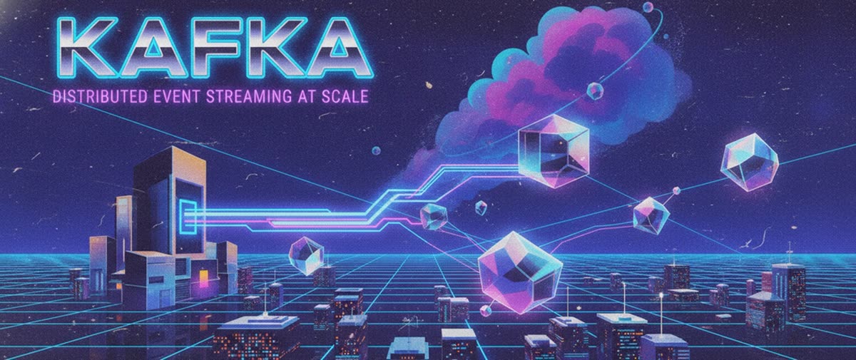 Tác phẩm nghệ thuật Apache Kafka với chữ KAFKA phát sáng và mạng lưới dữ liệu
