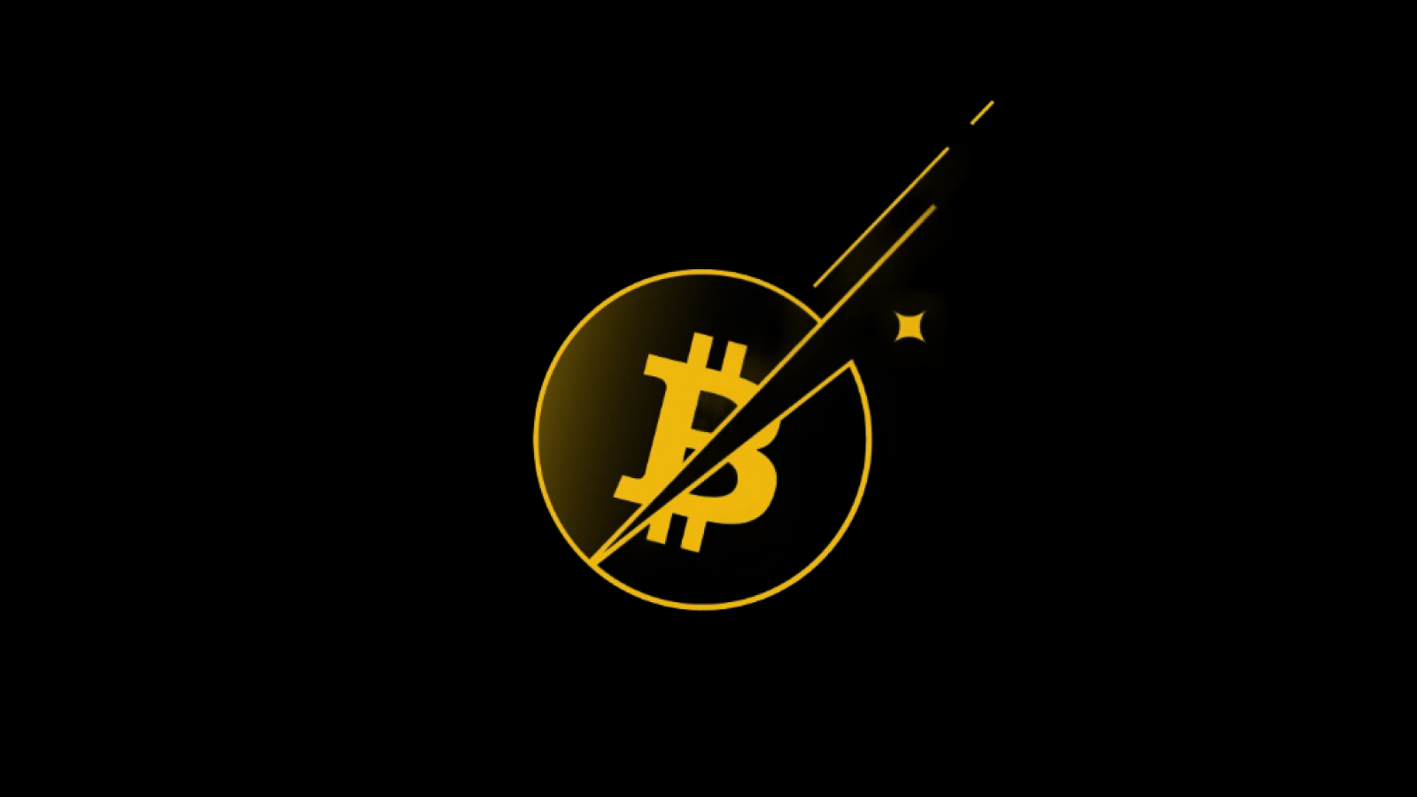 Biểu tượng bitcoin màu vàng trên nền đen với vệt sao băng
