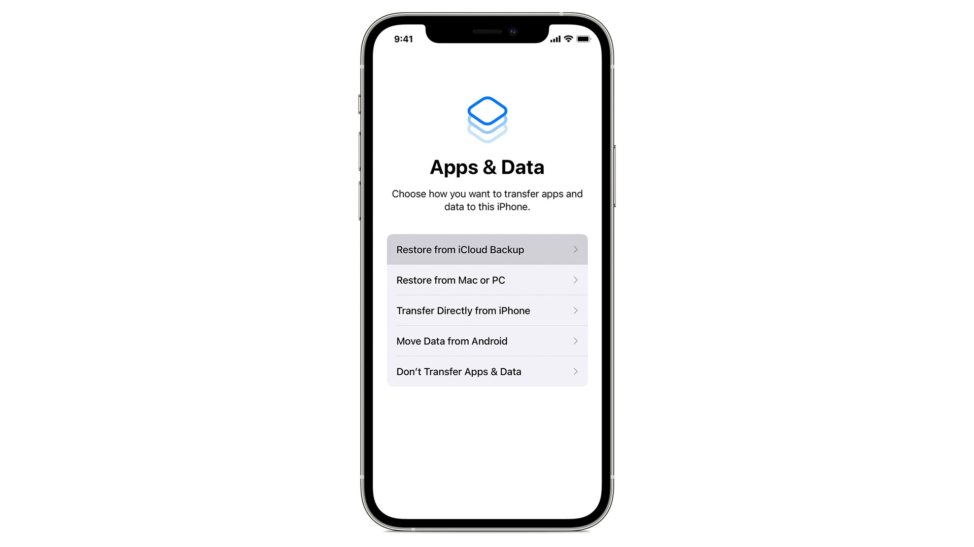 Màn hình Apps and Data với tùy chọn khôi phục từ iCloud trên iPhone