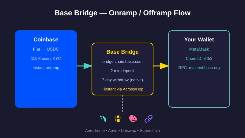 Sơ đồ Base Bridge onramp/offramp: Coinbase USDC sang MetaMask trên Base