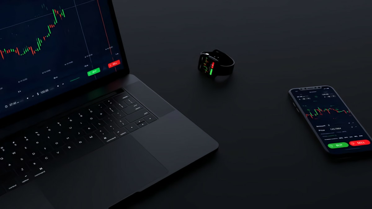 Giao diện giao dịch crypto trên laptop, smartwatch và điện thoại