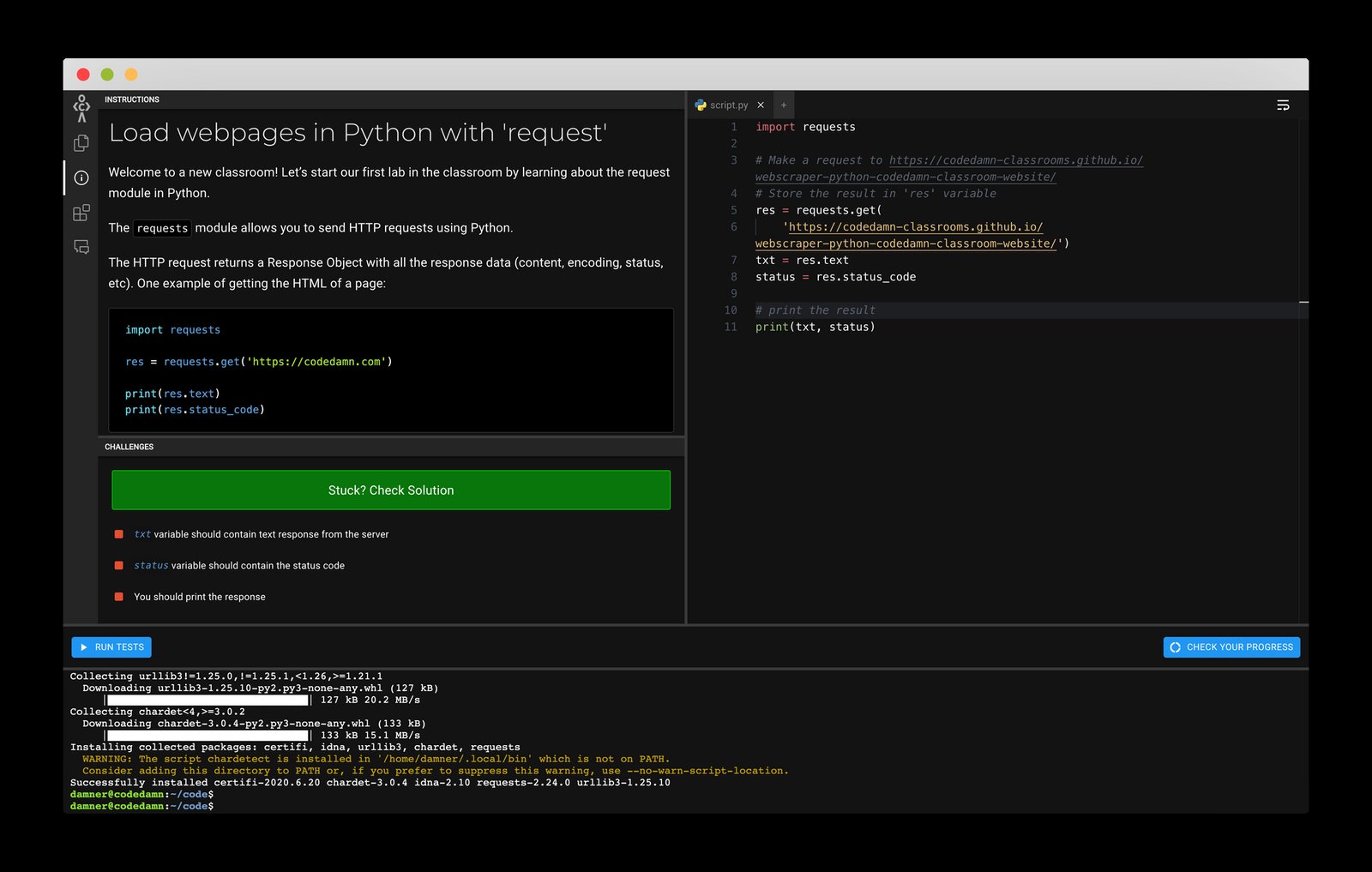 Màn hình IDE với đoạn code requests.get tải trang web trong Python