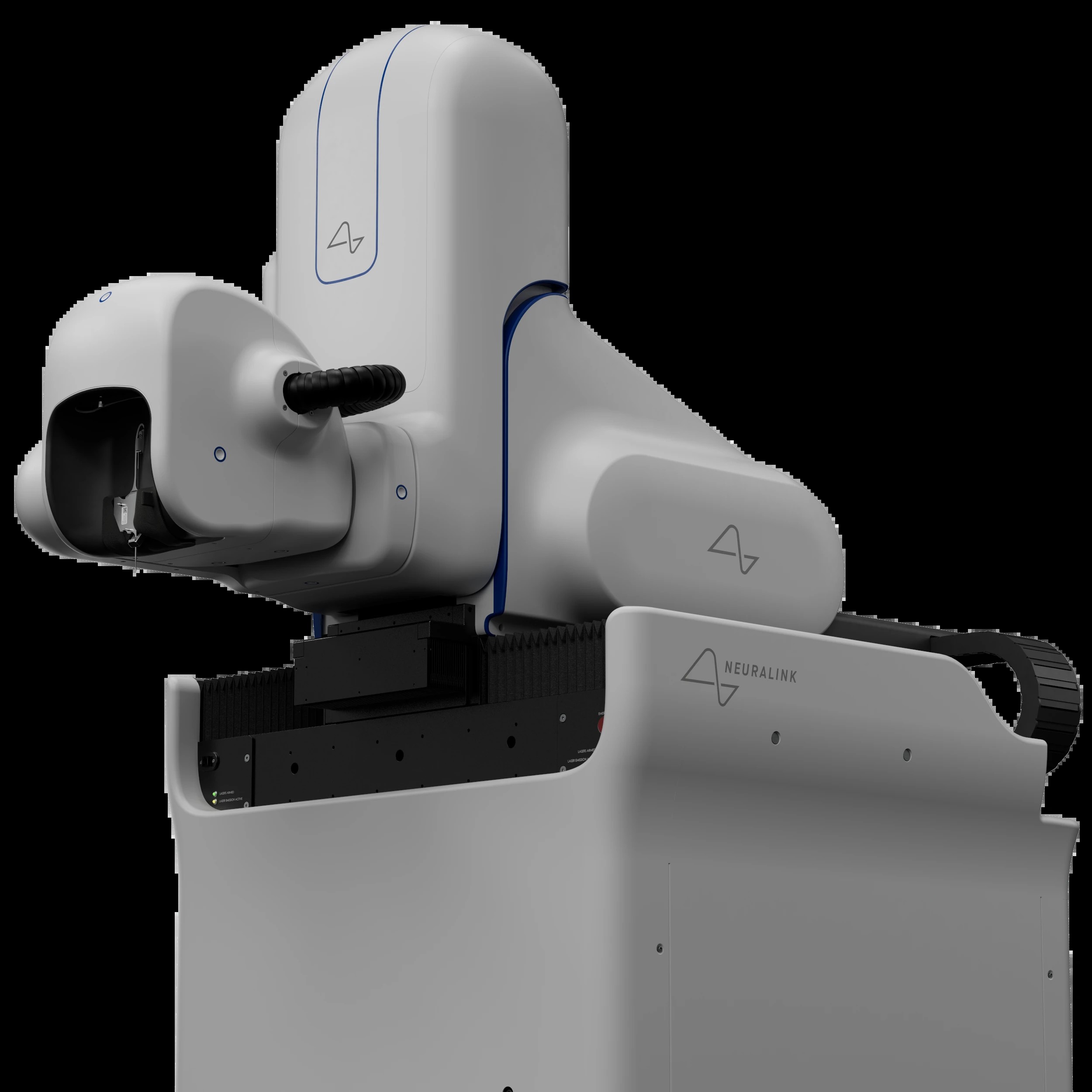 Robot phẫu thuật R1 của Neuralink đang cài đặt dây dẫn vào não, màn hình hiển thị theo dõi mạch máu