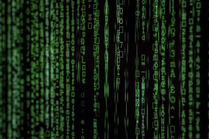 Digital matrix visualization representing blockchain data flow and smart contract execution