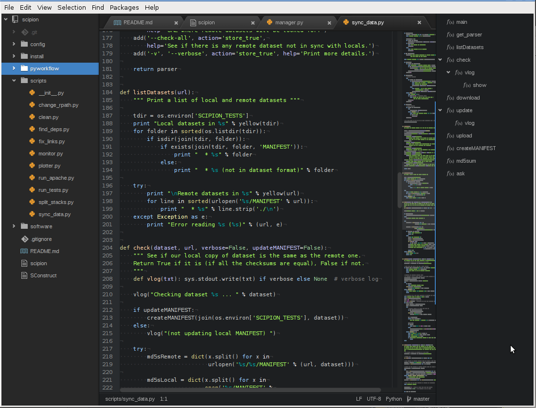 Atom code editor dark theme showing Python sync_data.py script