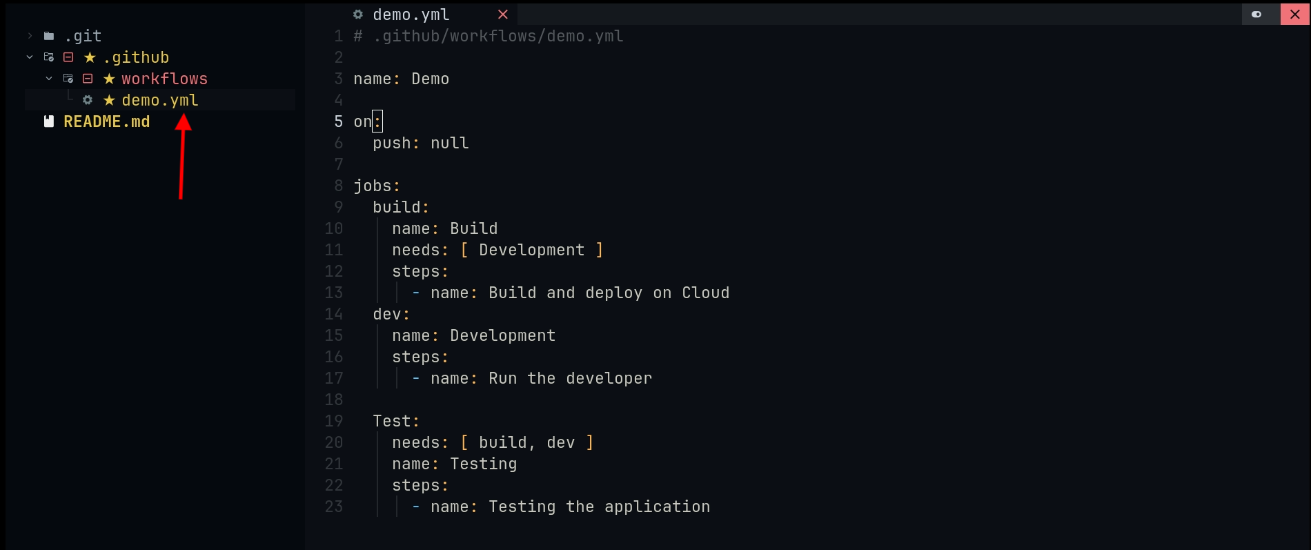 Tệp workflow YAML của GitHub Actions hiển thị trong trình soạn thảo mã nguồn