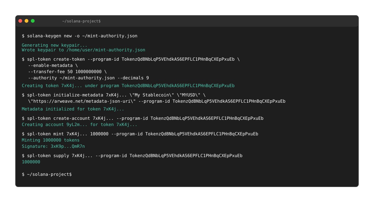 Terminal tạo token Solana Token-2022 với transfer fee và metadata