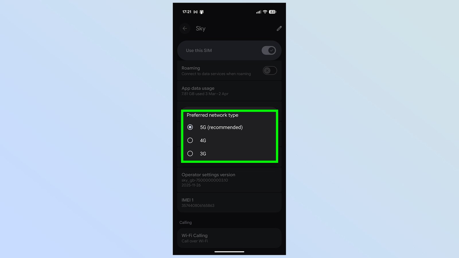 Màn hình cài đặt mạng Android hiển thị tùy chọn 5G 4G 3G
