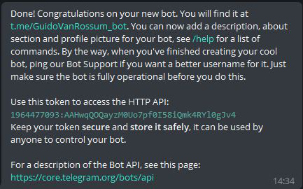 Ảnh chụp màn hình token API bot Telegram do BotFather cấp sau khi tạo bot thành công