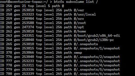 Danh sách subvolume Btrfs trên terminal