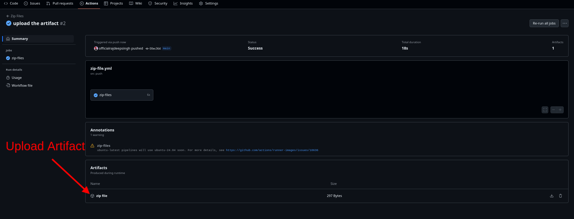 Trang tổng kết lần chạy workflow GitHub Actions với artifact đã tải lên thành công