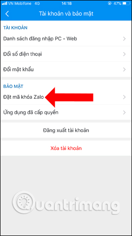 Màn hình đặt mã khóa bảo mật trong ứng dụng Zalo